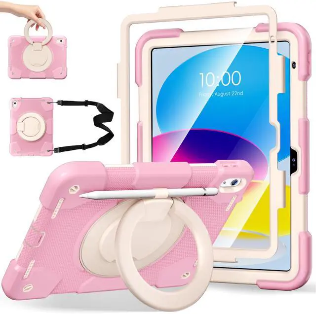 Main image of Andnary Case for iPad (A16) 11th/10th Generation 11/10.9 Inch 2025/2022 with Screen Protector/360° Rotate Stand/Shoulder Strap/Pencil Holder, Shockproof iPad 11th/10th Gen Cover (Pink+White)