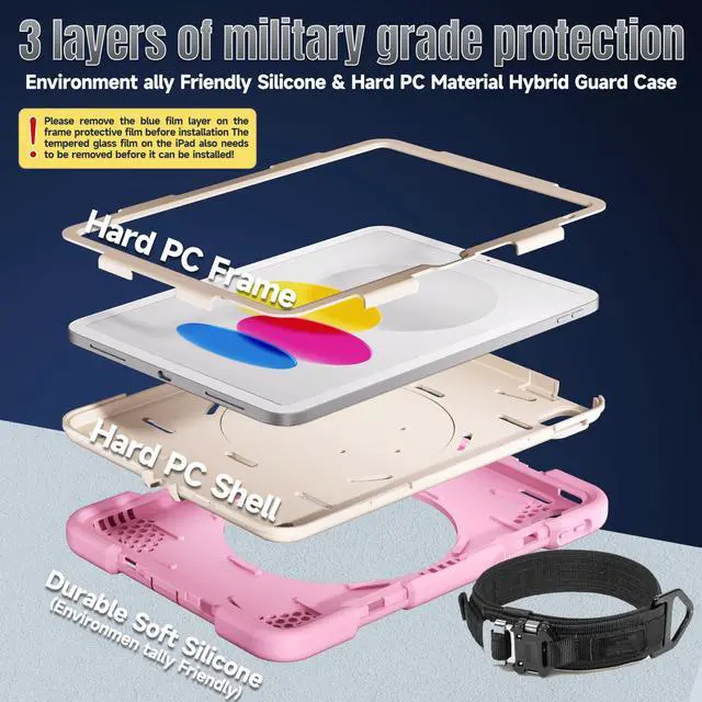 Alt view image 3 of 5 - Andnary Case for iPad (A16) 11th/10th Generation 11/10.9 Inch 2025/2022 with Screen Protector/360° Rotate Stand/Shoulder Strap/Pencil Holder, Shockproof iPad 11th/10th Gen Cover (Pink+White)