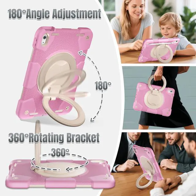 Alt view image 5 of 5 - Andnary Case for iPad (A16) 11th/10th Generation 11/10.9 Inch 2025/2022 with Screen Protector/360° Rotate Stand/Shoulder Strap/Pencil Holder, Shockproof iPad 11th/10th Gen Cover (Pink+White)