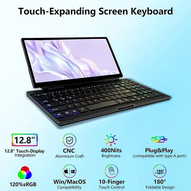 Alt view image 4 of 5 - Virzen Portable Touchscreen Monitor with Silent Keyboard 12.8-inch Ultra-Slim Stretched Bar Screen Folding FHD 120% sRGB, USB-A/C Compatible Screen for Computers, Laptops, Mini PCs, Consoles, Phones
