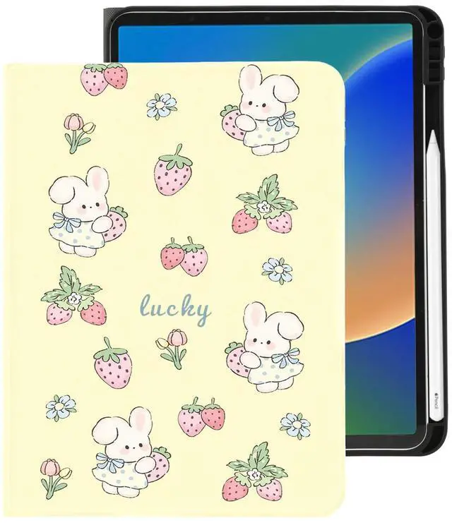 Main image of Cute Kawaii Bunny Strawberry for iPad (A16) Case 11th/10th Generation 11''/10.9'' 2025/2022 with Pencil Holder, Auto Sleep/Wake and Multiple Viewing Angles, Yellow Leather Soft TPU Back Cover