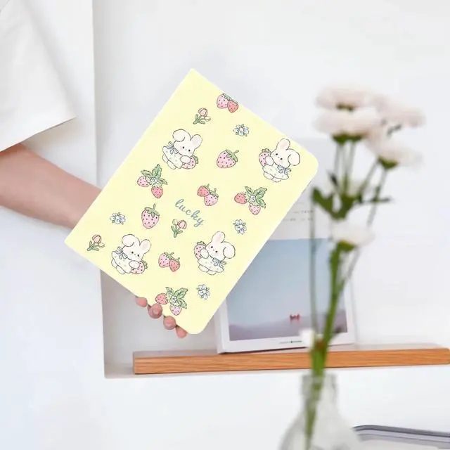 Alt view image 2 of 5 - Cute Kawaii Bunny Strawberry for iPad (A16) Case 11th/10th Generation 11''/10.9'' 2025/2022 with Pencil Holder, Auto Sleep/Wake and Multiple Viewing Angles, Yellow Leather Soft TPU Back Cover