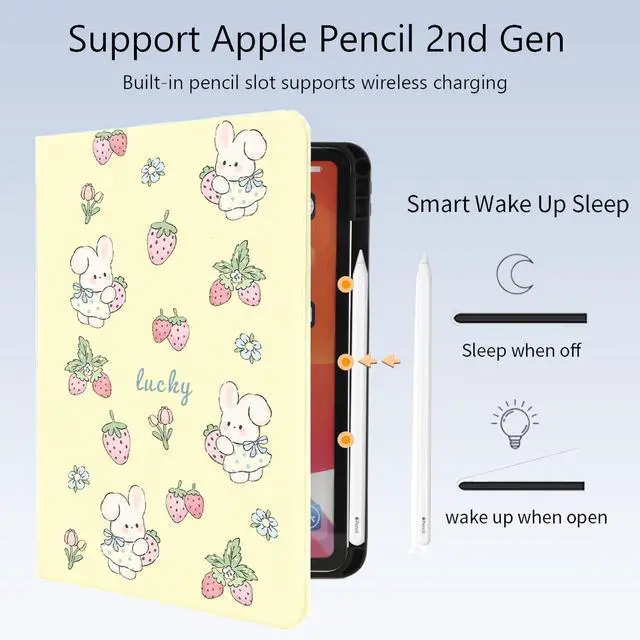Alt view image 3 of 5 - Cute Kawaii Bunny Strawberry for iPad (A16) Case 11th/10th Generation 11''/10.9'' 2025/2022 with Pencil Holder, Auto Sleep/Wake and Multiple Viewing Angles, Yellow Leather Soft TPU Back Cover