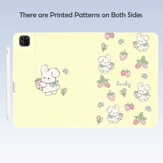 Alt view image 4 of 5 - Cute Kawaii Bunny Strawberry for iPad (A16) Case 11th/10th Generation 11''/10.9'' 2025/2022 with Pencil Holder, Auto Sleep/Wake and Multiple Viewing Angles, Yellow Leather Soft TPU Back Cover
