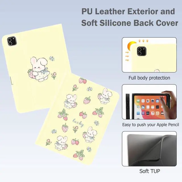 Alt view image 5 of 5 - Cute Kawaii Bunny Strawberry for iPad (A16) Case 11th/10th Generation 11''/10.9'' 2025/2022 with Pencil Holder, Auto Sleep/Wake and Multiple Viewing Angles, Yellow Leather Soft TPU Back Cover