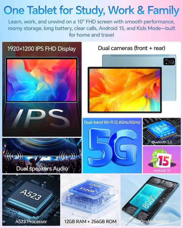 Alt view image 2 of 5 - M7 10" Android 15 Tablet  12GB RAM, 256GB + 1TB Expandable, 8000mAh Battery, 1920x1200 IPS Display, 5G Wi-Fi, BT5.0, Dual Speakers  Fast & Portable Tablet for Study, Work & Entertainment (Blue)