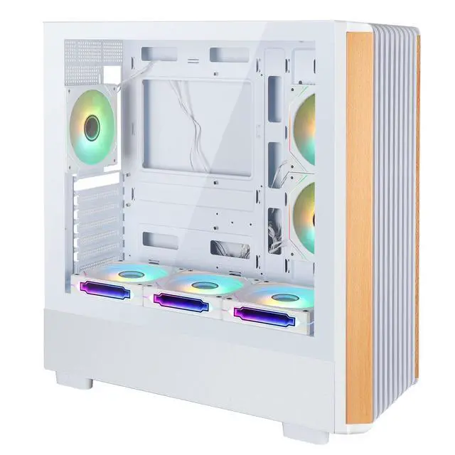 Main image of ATX Mid Tower PC Gaming Case - Walnut Wood Front - Tempered Glass Side Panel - Six 120mm ARGB PWM Fans Included High Airflow - Dual Chamber Design - Support 360 RAD for ATX/mATX/ITX Motherboard White