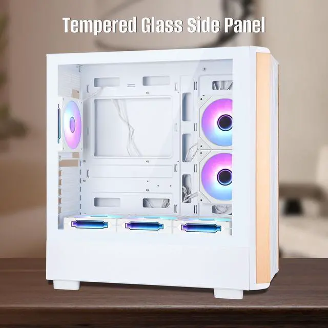 Alt view image 3 of 5 - ATX Mid Tower PC Gaming Case - Walnut Wood Front - Tempered Glass Side Panel - Six 120mm ARGB PWM Fans Included High Airflow - Dual Chamber Design - Support 360 RAD for ATX/mATX/ITX Motherboard White