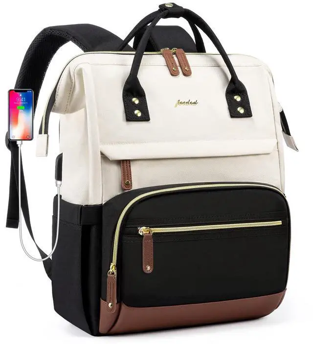 Main image of Focdod Laptop Backpack for Womem Work Bags: 18 Inch Anti Theft FashionTravel BackPacks With USB Charging Port Durable Back Pack Purse Bussiness Daypack for Nurse Teacher Beige Black Brown