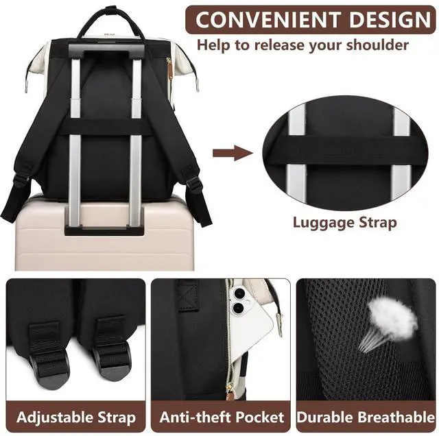 Alt view image 5 of 5 - Focdod Laptop Backpack for Womem Work Bags: 18 Inch Anti Theft FashionTravel BackPacks With USB Charging Port Durable Back Pack Purse Bussiness Daypack for Nurse Teacher Beige Black Brown