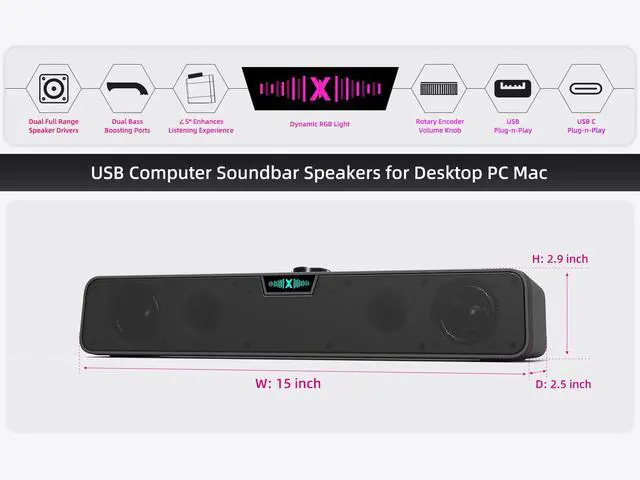 Alt view image 2 of 5 - Computer Soundbar Speakers for Desktop PC Mac, USB Plug-in, Wired, External Speakers for Laptop Desk Monitor, RGB Gaming Sound bar with HD Stereo Loud Sound, Punchy Bass, Volume Knob, USB C Adapter