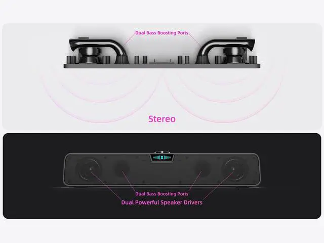 Alt view image 3 of 5 - Computer Soundbar Speakers for Desktop PC Mac, USB Plug-in, Wired, External Speakers for Laptop Desk Monitor, RGB Gaming Sound bar with HD Stereo Loud Sound, Punchy Bass, Volume Knob, USB C Adapter