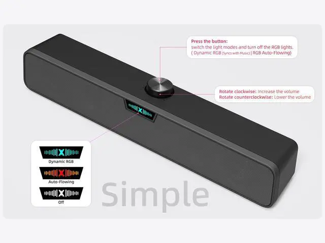 Alt view image 4 of 5 - Computer Soundbar Speakers for Desktop PC Mac, USB Plug-in, Wired, External Speakers for Laptop Desk Monitor, RGB Gaming Sound bar with HD Stereo Loud Sound, Punchy Bass, Volume Knob, USB C Adapter