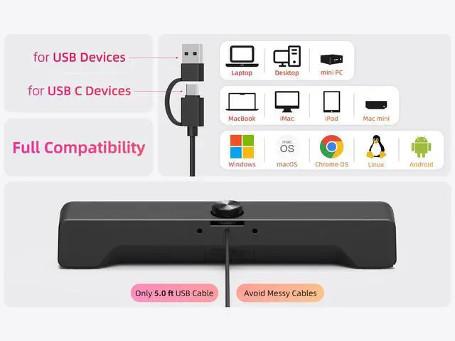 Alt view image 5 of 5 - Computer Soundbar Speakers for Desktop PC Mac, USB Plug-in, Wired, External Speakers for Laptop Desk Monitor, RGB Gaming Sound bar with HD Stereo Loud Sound, Punchy Bass, Volume Knob, USB C Adapter