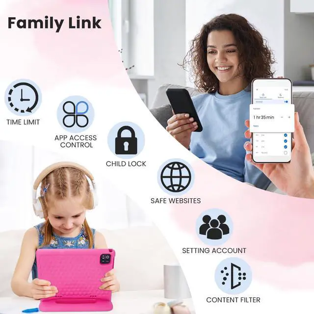 Alt view image 4 of 5 - Iconiotk Kids Tablet 10.1 inch Android 14 Octa-Core 64GB 6000mAh Kids Space Parental Control 1280 * 800 HD Touchscreen Shockproof Case Dual Camera Gift for Toddler Children (Pink)