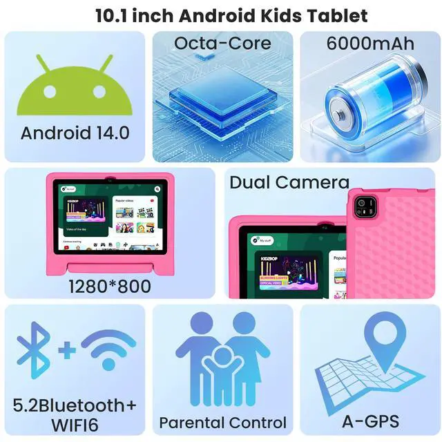 Alt view image 5 of 5 - Iconiotk Kids Tablet 10.1 inch Android 14 Octa-Core 64GB 6000mAh Kids Space Parental Control 1280 * 800 HD Touchscreen Shockproof Case Dual Camera Gift for Toddler Children (Pink)
