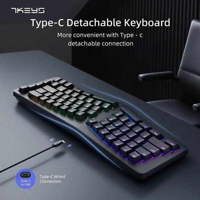 Alt view image 2 of 5 - 7KEYS Wired Ergonomic Keyboard, Compact Mini Split Keyboard 69 Keys, 14+ RGB Backlight, Detachable USB Type-C Cable, Natural and Comfortable Typing for Desktop Windows PC Laptop MAC (Black)