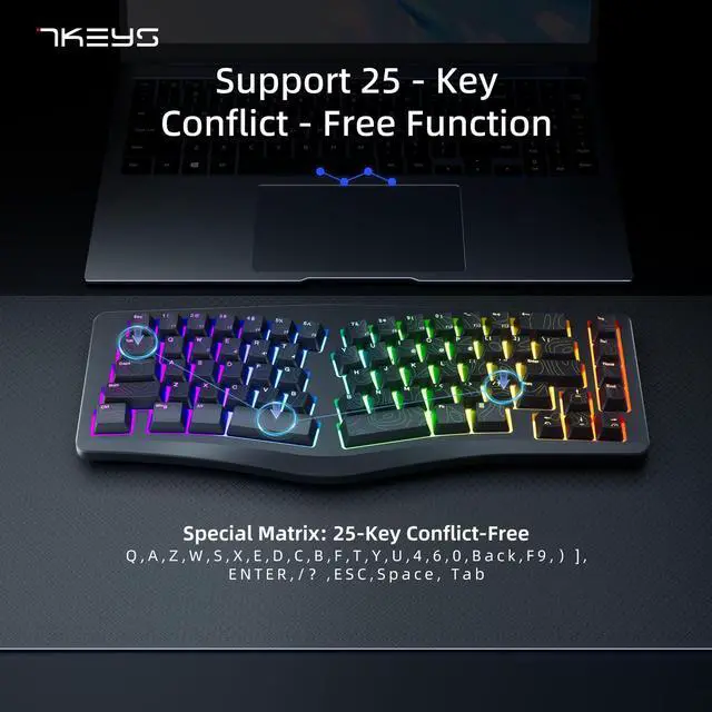 Alt view image 5 of 5 - 7KEYS Wired Ergonomic Keyboard, Compact Mini Split Keyboard 69 Keys, 14+ RGB Backlight, Detachable USB Type-C Cable, Natural and Comfortable Typing for Desktop Windows PC Laptop MAC (Black)