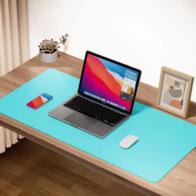 Alt view image 3 of 5 - Boutilon Leather Desk Pad Protector,Non-Slip Mouse Pad,Laptop Desk Pad,Office Mouse Mat,Waterproof Leather Desk Blotter,Desk Writing Pad for Office and Home (XXL-Bright Blue,47.2"x 17")