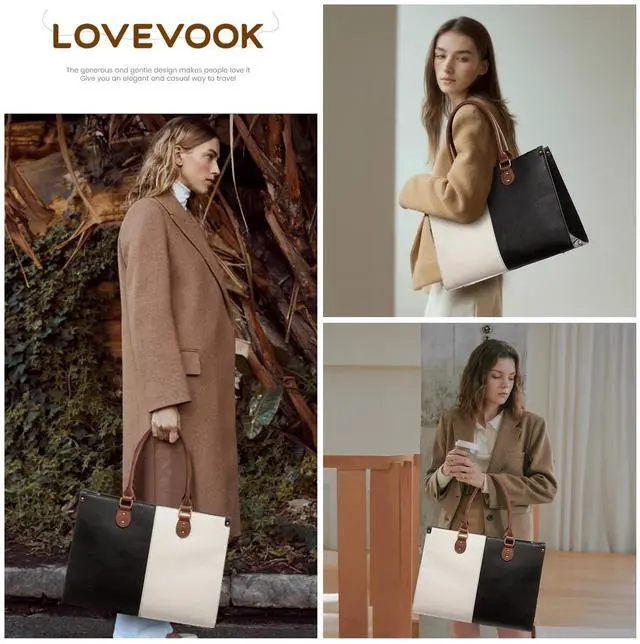 Alt view image 2 of 5 - LOVEVOOK Laptop Tote Bag for Women, 15.6 Inch Large Capacity Vintage Leather Work Computer Bag, Business Casual Shoulder Handbag, Black & White & Brown