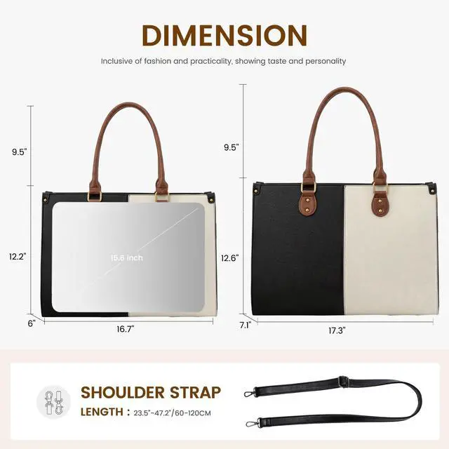 Alt view image 3 of 5 - LOVEVOOK Laptop Tote Bag for Women, 15.6 Inch Large Capacity Vintage Leather Work Computer Bag, Business Casual Shoulder Handbag, Black & White & Brown