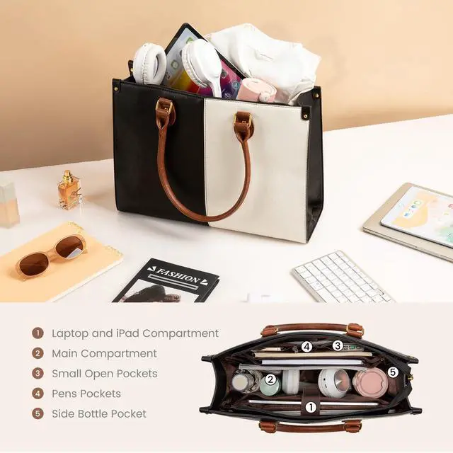 Alt view image 4 of 5 - LOVEVOOK Laptop Tote Bag for Women, 15.6 Inch Large Capacity Vintage Leather Work Computer Bag, Business Casual Shoulder Handbag, Black & White & Brown