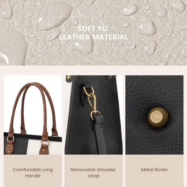 Alt view image 5 of 5 - LOVEVOOK Laptop Tote Bag for Women, 15.6 Inch Large Capacity Vintage Leather Work Computer Bag, Business Casual Shoulder Handbag, Black & White & Brown