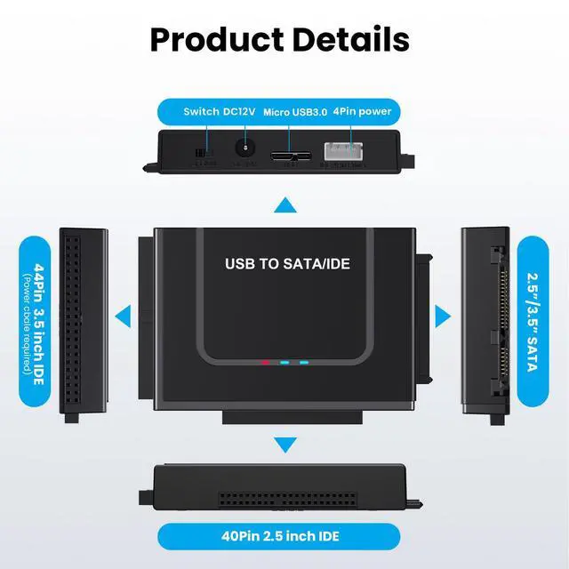 Alt view image 5 of 5 - USB to SATA Adapter, Hard Drive Reader IDE to USB Adapter Data Converter for 2.5 3.5 HDD SSD with 12/2A Power Adapter