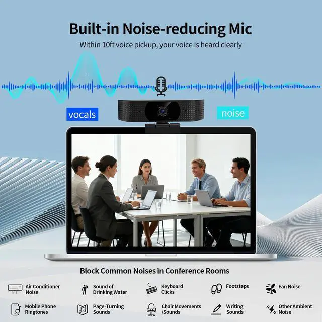 Alt view image 4 of 5 - 1080P Wireless Webcam for PC, Webcam with Noise-reducing Mic, 92°FOV360° Rotation, Plug and Play, Wireless Camera Works with Skype, Zoom for indoor and outdoor Conference meetings, video calls