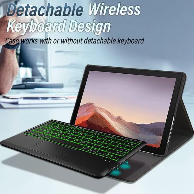 Alt view image 3 of 5 - Wineecy Backlit Keyboard Case for Microsoft Surface Pro - 7 Plus/7/6/5/4 12.3 Inch Tablet, 7 Color Backlight Smart Touchpad Detachable Wireless Keyboard with PU Premium Folio Case