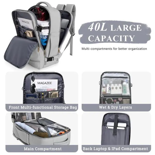 Alt view image 4 of 5 - Sinaliy Travel Backpack, 40L 17 inch Laptop Travel Backpack Carry on Flight Approved, Personal Item Travel Bag, Waterproof Backpack for College, School, Business, Weekend, Work, Gray