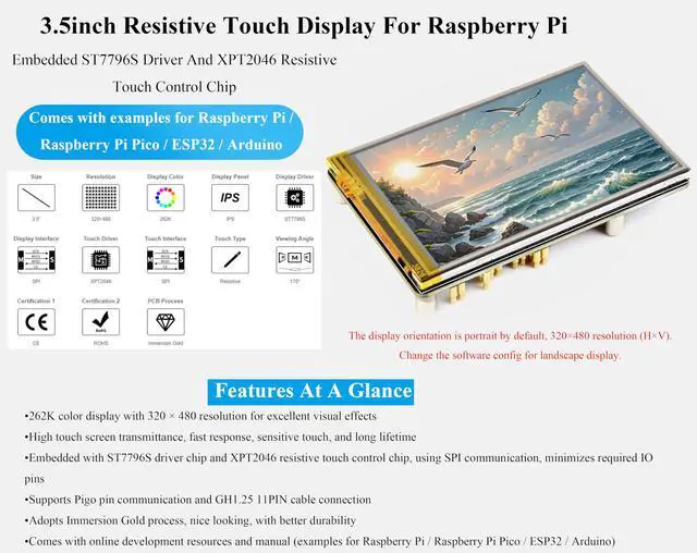 Alt view image 2 of 5 - UeeKKoo 3.5inch Resistive Touch Screen Compatible with Raspberry Pi 5/4B/3B+/3B/3A+/Pico W/Pico 2W/2/ ESP32, 320x480, IPS LCD,SPI Interfaces, Pigo Pin or 11PIN Cable Dual Connections