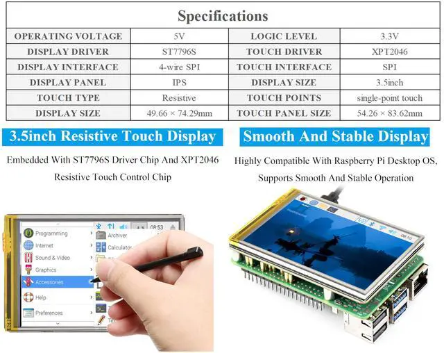Alt view image 3 of 5 - UeeKKoo 3.5inch Resistive Touch Screen Compatible with Raspberry Pi 5/4B/3B+/3B/3A+/Pico W/Pico 2W/2/ ESP32, 320x480, IPS LCD,SPI Interfaces, Pigo Pin or 11PIN Cable Dual Connections