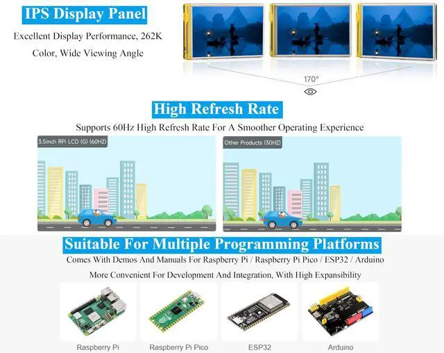 Alt view image 5 of 5 - UeeKKoo 3.5inch Resistive Touch Screen Compatible with Raspberry Pi 5/4B/3B+/3B/3A+/Pico W/Pico 2W/2/ ESP32, 320x480, IPS LCD,SPI Interfaces, Pigo Pin or 11PIN Cable Dual Connections