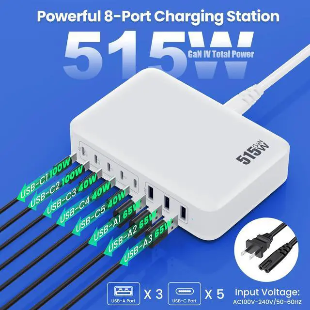 Alt view image 2 of 5 - USB C Charger Block 515W[2025 Upgraded] GaN IV 8 Port Fast Charging Station Hub,Dual PD 100W USB C Laptop Charger Compatible with MacBook Pro/Air,iPad,iPhone 16/15,Galaxy S23/S24 Steam Deck Dell XPS