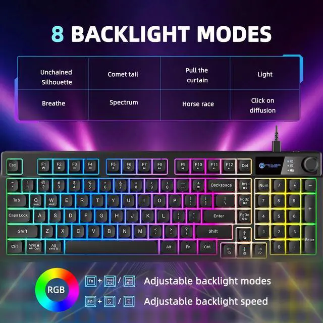 Alt view image 2 of 5 - Gaming Keyboard USB Wired RGB Rainbow Light with Volume Knok, 7 Color Backlit+8 Models LED Lighting Effects, 19 Keys Without ImpactSpill Resistant, Fn+12 Media Hotkeys,Compatible with Windows/MAC