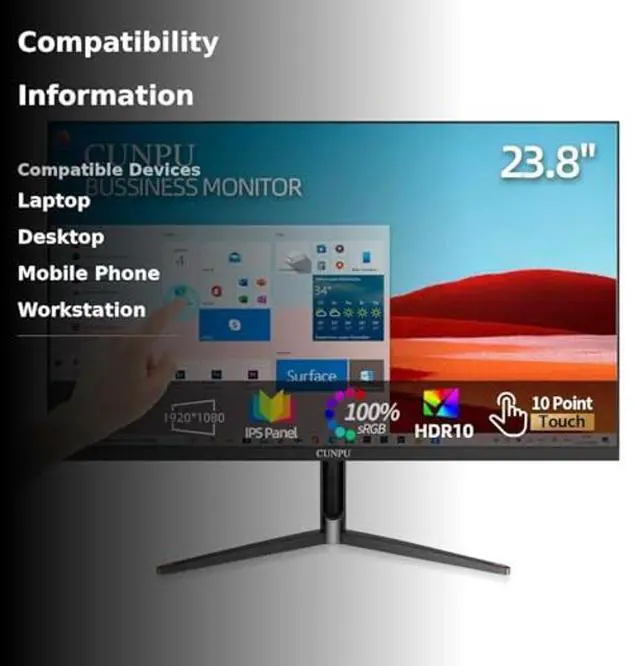 Alt view image 3 of 5 - CUNPU 24 Inch Touchscreen Monitor, 10 Point Touch, FHD 1080P 75Hz IPS Screen, 100% SRGB, VESA Wall Mountable, Tilt Adjustment, VGA HDMI USB for PC, Laptop Business & Work Station, Warehouse