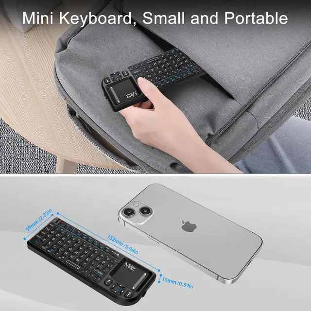 Alt view image 3 of 5 - Miritz K808 Ultra-Thin Mini Keyboard with Touchpad, Bluetooth &2.4G Dual Mode & Backlit, USB-C Rechargeable, Compatible with iPad, Mac, Windows, Android - Portable for Travel, Office, Home - Black