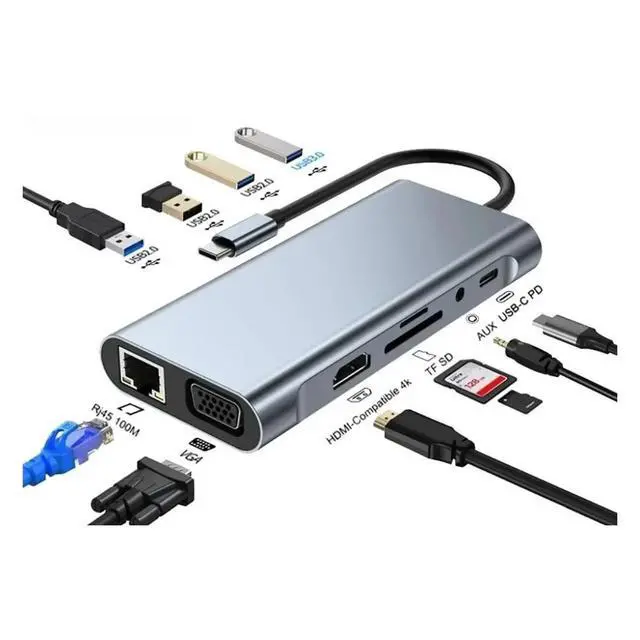 Alt view image 4 of 5 - HCUSR Docking Station 11 in 1 Type-C to HDMI USB C Multiport Adapter with 4xUSB, RJ45 100MB, VGA, 4K 30Hz, TF/SD Card, 3.5mm Audio, PD 100W USB Hub Splitter Adapter for PC Laptop
