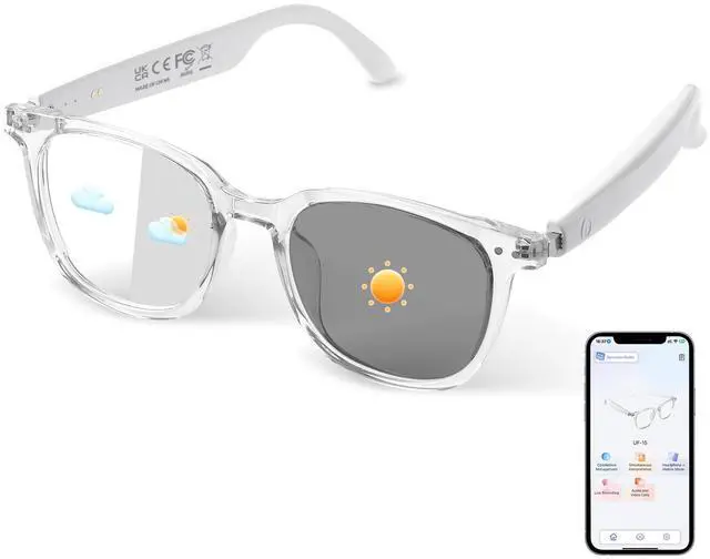 Main image of AI Smart Glasses for Men & Women, AI-Powered By Translation, Noise Reduction, Open Ear Audio Mic & Speakers, Translation Glasses with Photochromic Lenses, Support 169 Languages, Business/Travel(White)