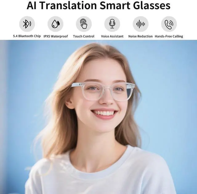 Alt view image 2 of 5 - AI Smart Glasses for Men & Women, AI-Powered By Translation, Noise Reduction, Open Ear Audio Mic & Speakers, Translation Glasses with Photochromic Lenses, Support 169 Languages, Business/Travel(White)