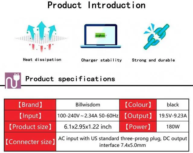 Alt view image 4 of 4 - 180W Power Adapter Fit for Dell Alienware 13 15 17 Series M11x M14x M15x M17x Dell G3 G5 G7, Docking Station WD15 WD19 TB15 TB16 Billwisdom AC Adapter Power