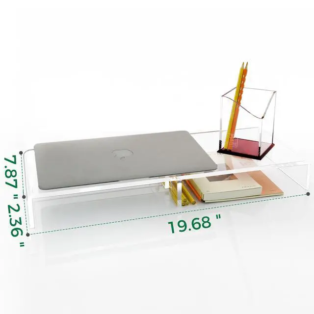 Alt view image 3 of 5 - AIMOLLY 20" Crystal Clear Acrylic Monitor Stand Riser - Fits iMac/Printer/TV, Ergonomic 3" Elevation w/Hidden Keyboard Storage, Sleek Desk Organizer for Home Office