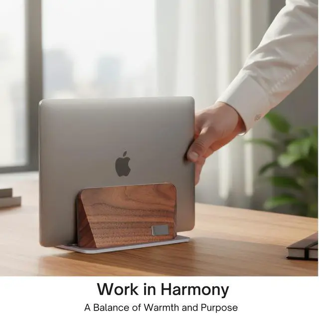 Alt view image 2 of 5 - ALNYXAR Premium Vertical Laptop Stand for Desk Adjustable Dock, Solid Walnut Wood and Silver Aluminum Laptop Holder, Vertical MacBook Stand for MacBook Pro/Air and Laptops up to 17 Inch (Silver)