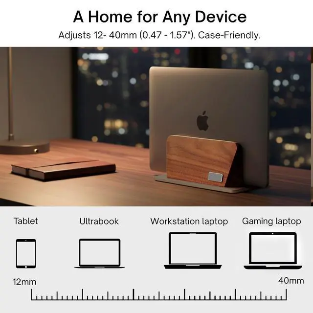 Alt view image 4 of 5 - ALNYXAR Premium Vertical Laptop Stand for Desk Adjustable Dock, Solid Walnut Wood and Silver Aluminum Laptop Holder, Vertical MacBook Stand for MacBook Pro/Air and Laptops up to 17 Inch (Silver)
