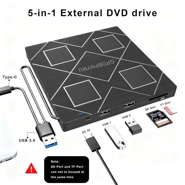 Alt view image 2 of 5 - GODBPNYMU USB 3.0 & Type-C Portable CD/DVD RW Burner, 5-in-1 External DVD Drive with SD/TF Card Reader & 2 USB Ports, Compatible with Laptop PC Desktop, Windows Linux Mac OS