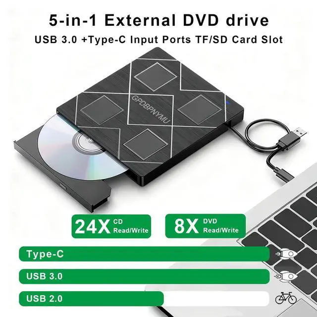 Alt view image 3 of 5 - GODBPNYMU USB 3.0 & Type-C Portable CD/DVD RW Burner, 5-in-1 External DVD Drive with SD/TF Card Reader & 2 USB Ports, Compatible with Laptop PC Desktop, Windows Linux Mac OS