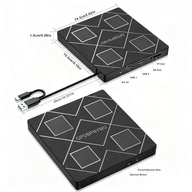 Alt view image 5 of 5 - GODBPNYMU USB 3.0 & Type-C Portable CD/DVD RW Burner, 5-in-1 External DVD Drive with SD/TF Card Reader & 2 USB Ports, Compatible with Laptop PC Desktop, Windows Linux Mac OS