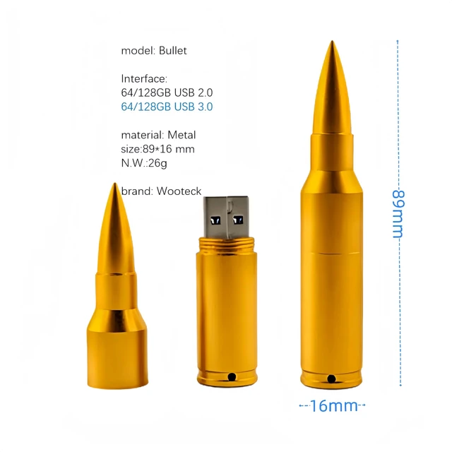 Alt view image 3 of 5 - WooTeck 128GB Metal Shining Bullet USB 3.0 Flash Drive Memory Stick with Keychain,Golden