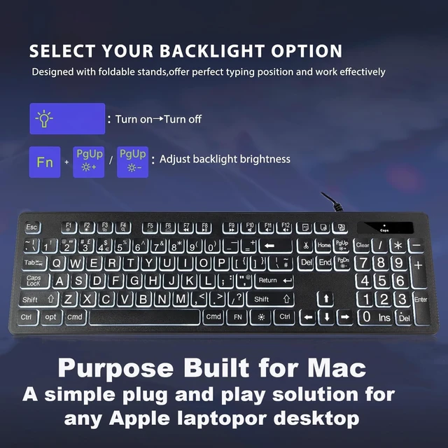 Alt view image 3 of 5 - BERGUF Backlit Keyboard for Mac Full Size Wired USB Keyboard with Numeric Keypad, White Illuminated Keys, Compatible with MacBook Pro/Air, iMac, Mac mini/Pro Space Gray
